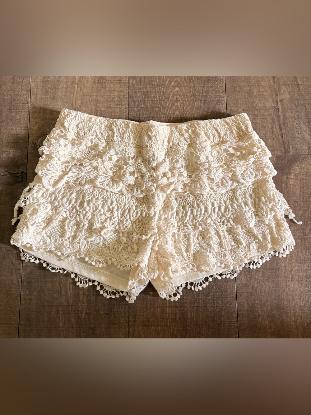 Cream Crochet Lace High-Waist Shorts